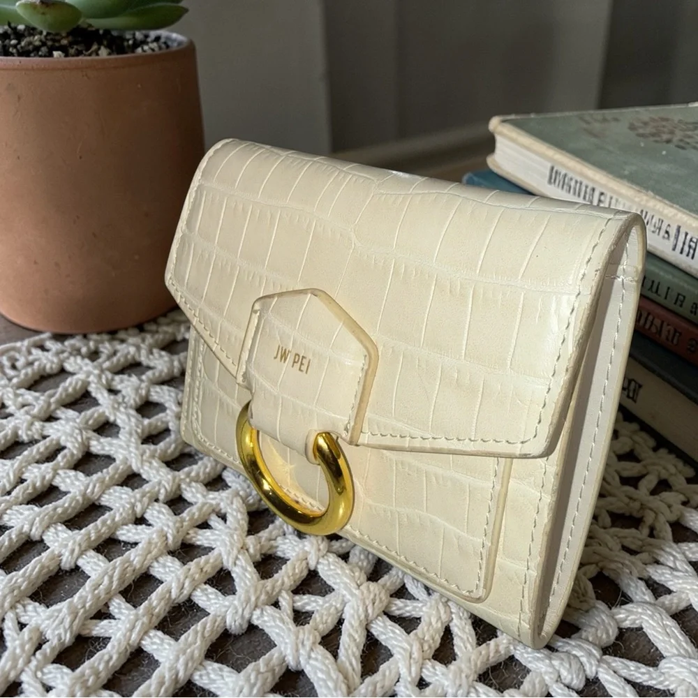 JW Pei Croc Embossed Mini Wallet Clutch Cream ✨ Gold Ring Vegan Leather - Picture 4 of 10